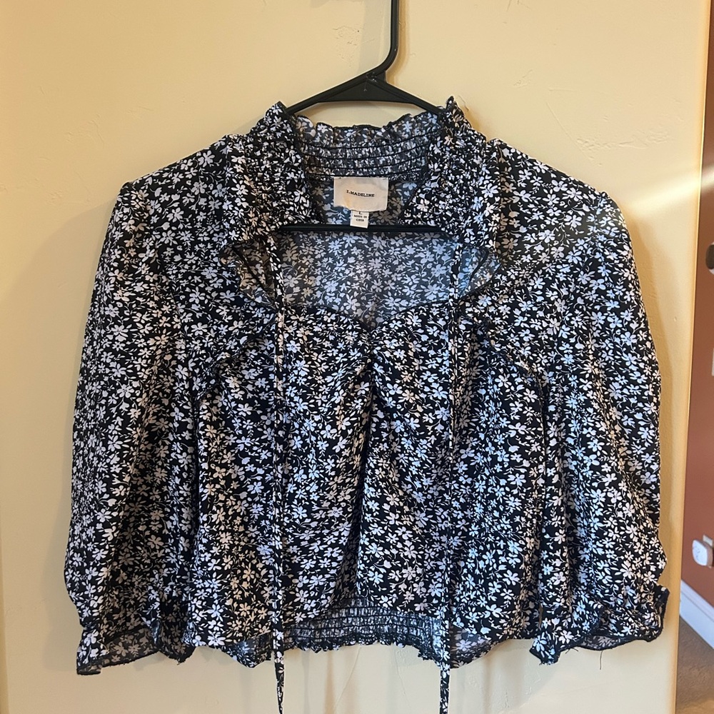 Madeline Blue 3/4 Sleeve Crop Blouse with Tie Front